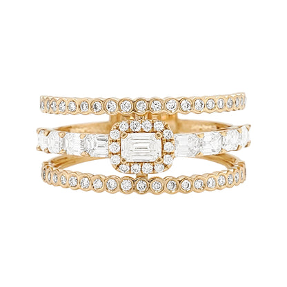 14K Yellow Gold Diamond Ring, Emerald Cut Halo, Statement Anniversary Band