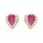 14K Gold Ruby Diamond Halo Earrings, Pear Shape Studs