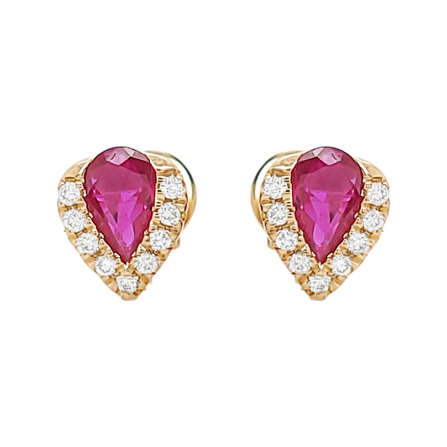 14K Gold Ruby Diamond Halo Earrings, Pear Shape Studs