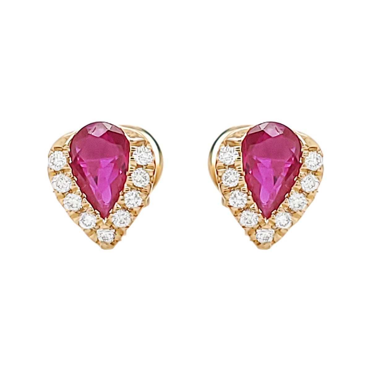 14K Gold Ruby Diamond Halo Earrings, Pear Shape Studs