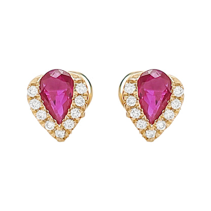 14K Gold Ruby Diamond Halo Earrings, Pear Shape Studs