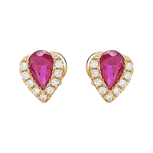 14K Gold Ruby Diamond Halo Earrings, Pear Shape Studs