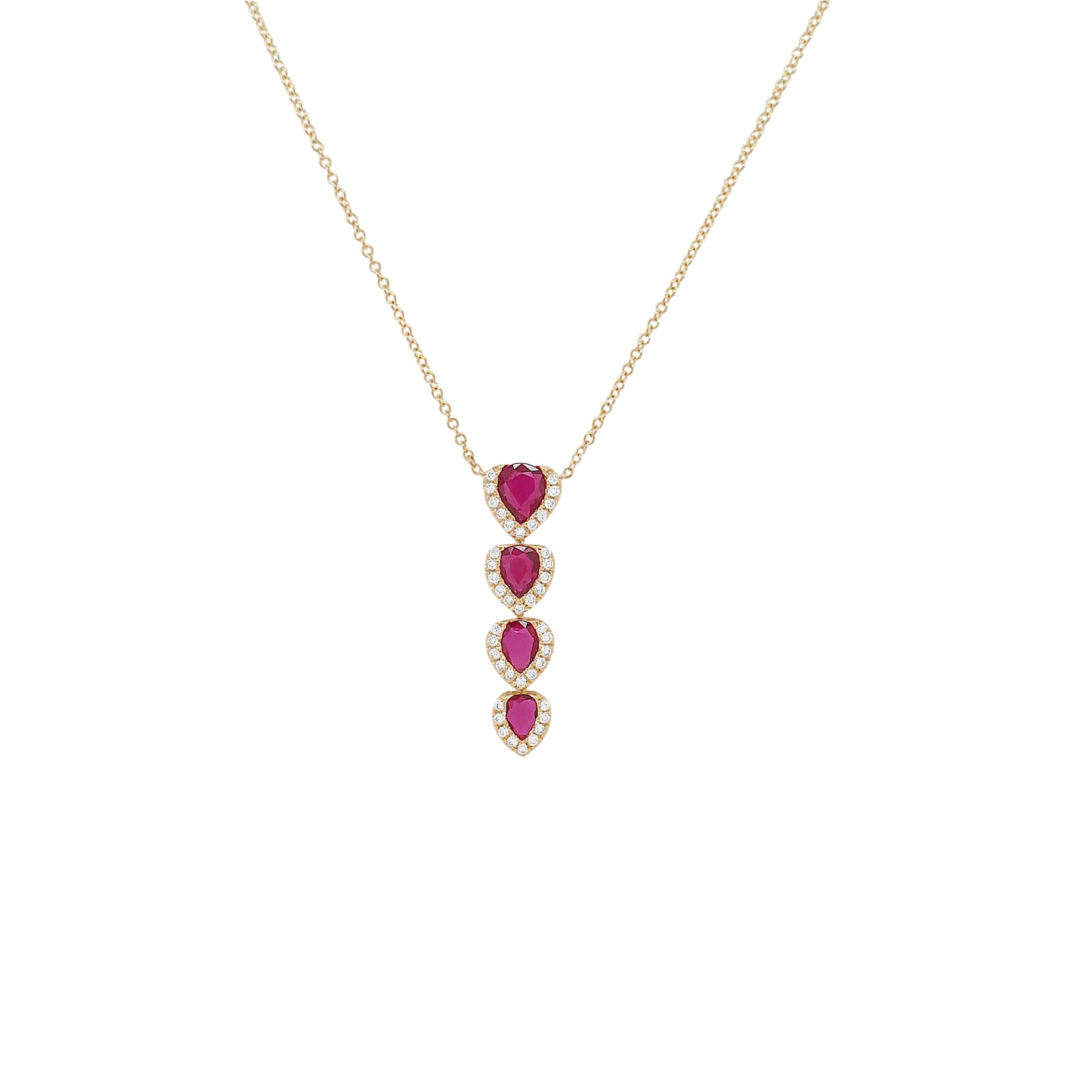 14K Gold Ruby Necklace, Diamond Pear Drop Pendant, 18 Inch Chain