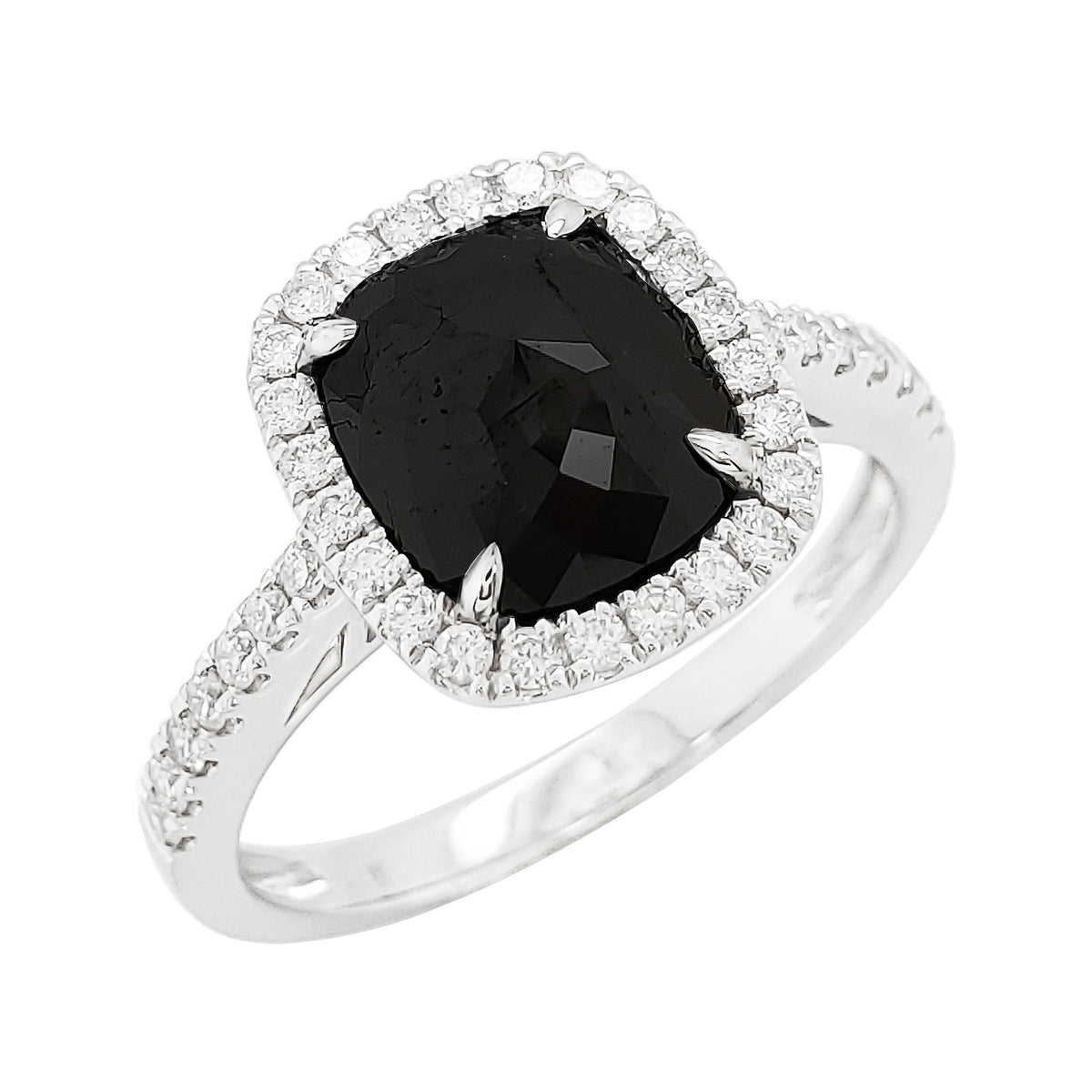 Black Diamond Halo Ring | 14K White Gold Cushion-Cut Ring