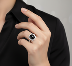 Black Diamond Halo Ring | 14K White Gold Cushion-Cut Ring