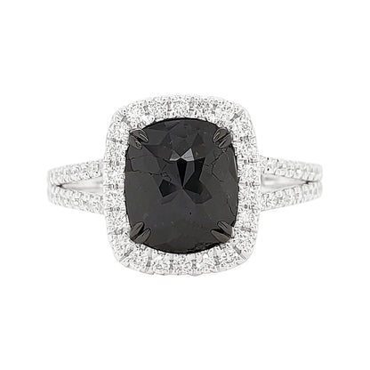 Cushion Black Diamond Ring | 14K Gold Single Halo Engagement Ring