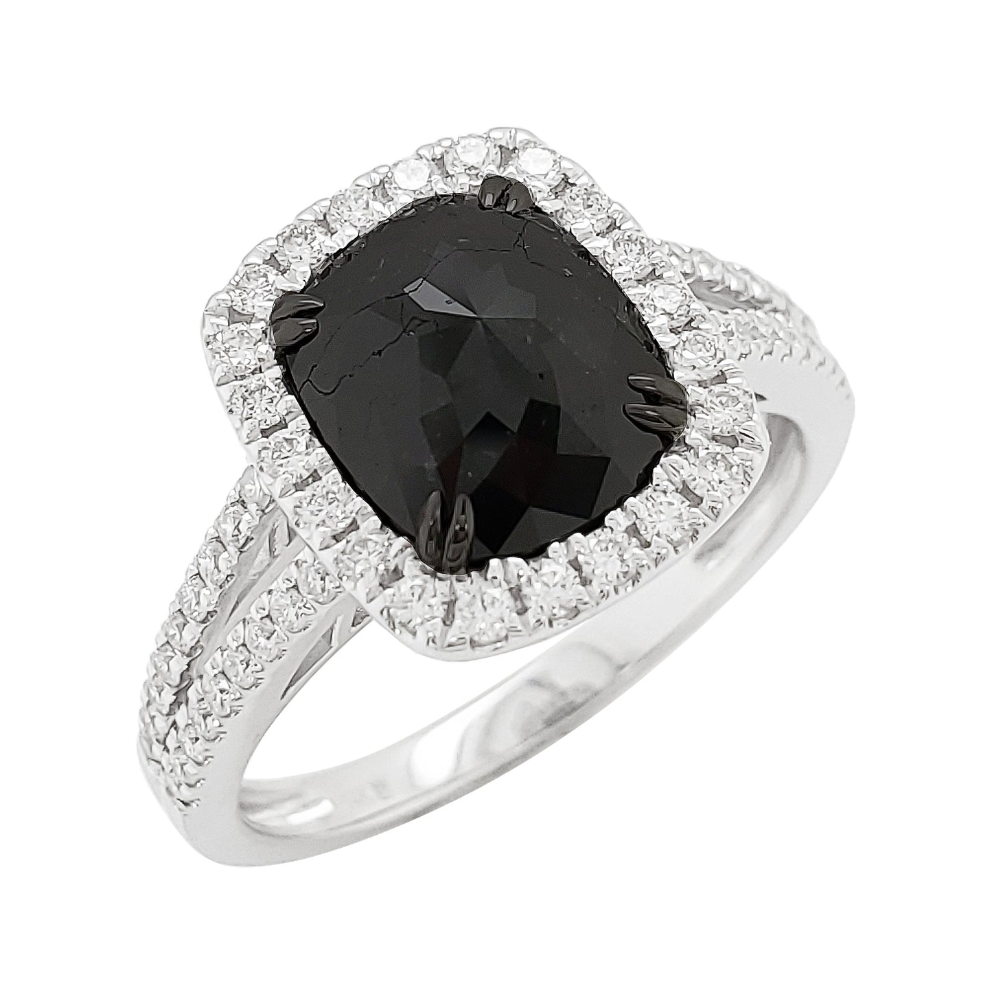 Cushion Black Diamond Ring | 14K Gold Single Halo Engagement Ring