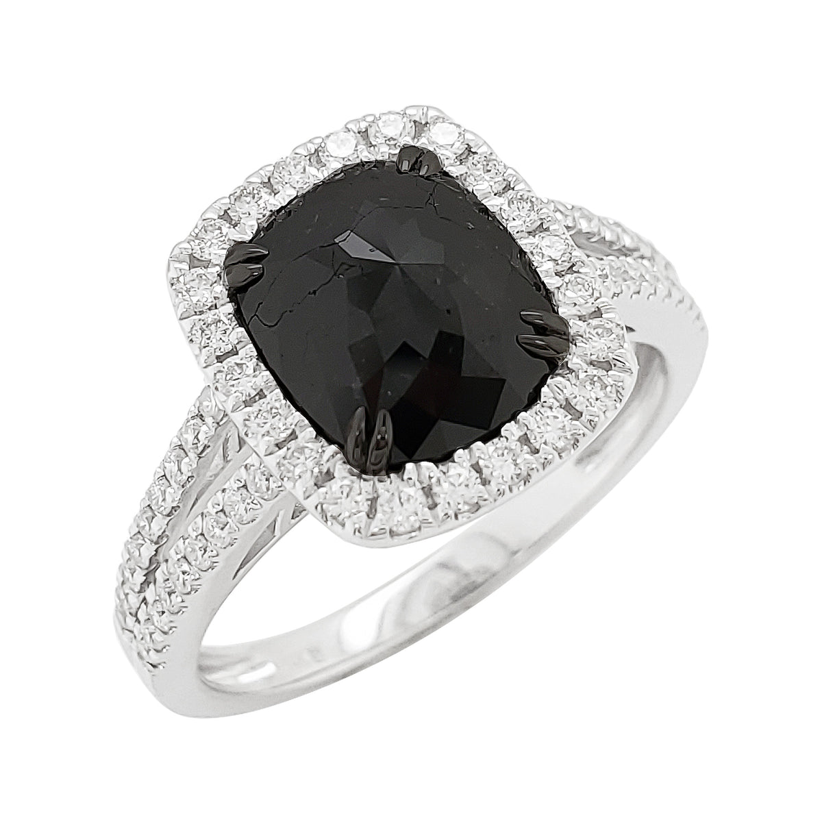 Cushion Black Diamond Ring | 14K Gold Single Halo Engagement Ring