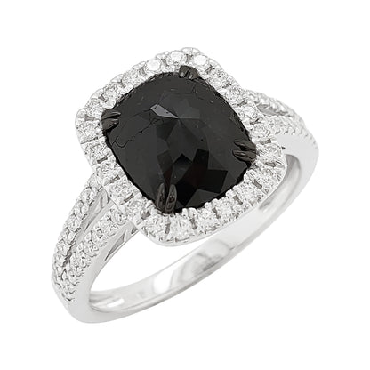 Cushion Black Diamond Ring | 14K Gold Single Halo Engagement Ring