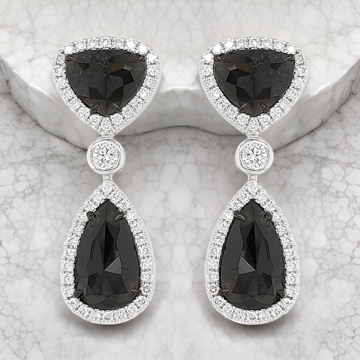 14K White Gold Pear Trillion Diamond Halo Drop Earrings