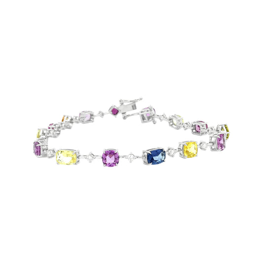 18K White Gold Multi Sapphire Diamond Bracelet 7 Inch Gemstone Wedding Fine Jewelry Bridal Gift For Female