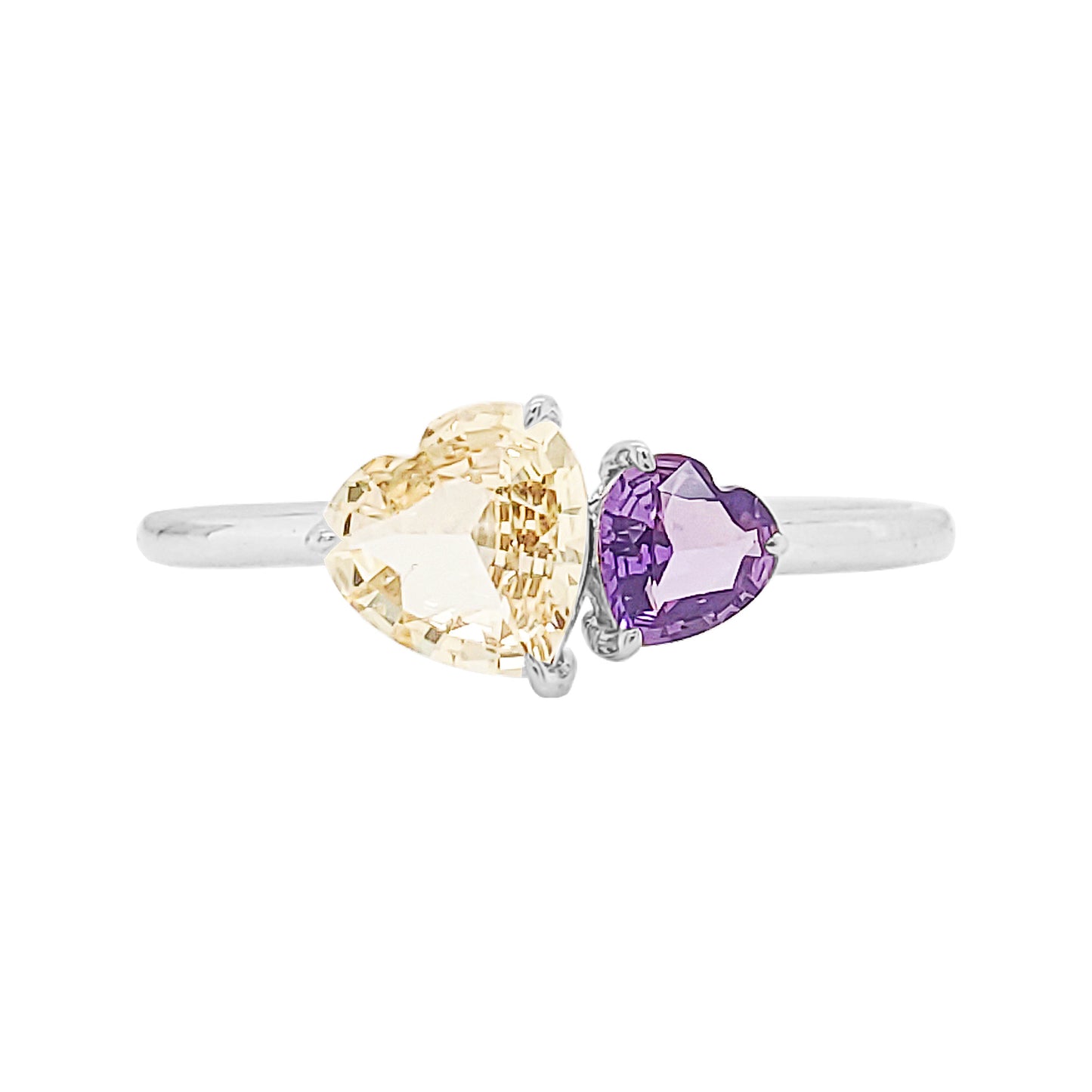 14K Gold Twin Heart Sapphire Ring – Purple & Yellow Gemstones, Promise Ring for Women