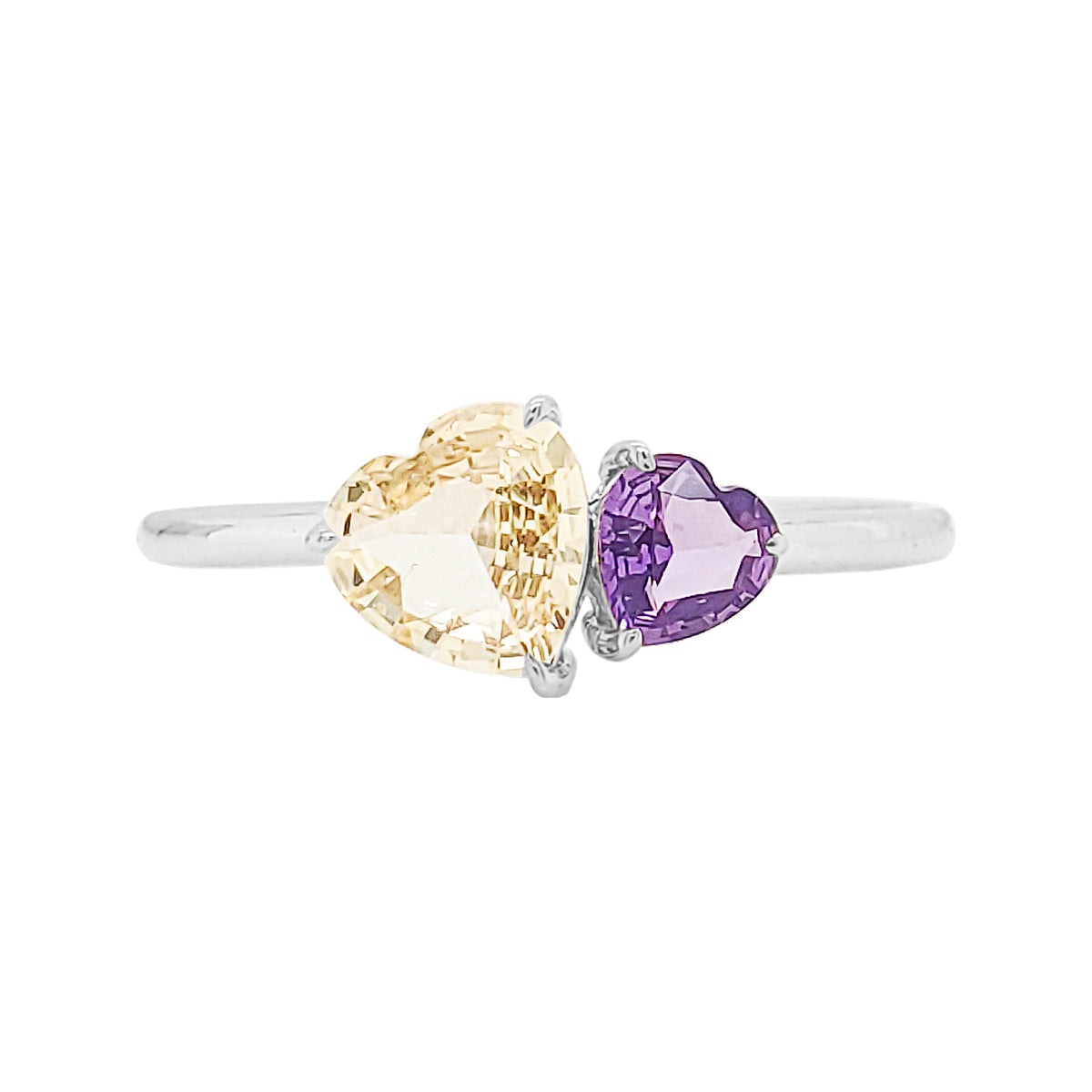 14K Gold Twin Heart Sapphire Ring – Purple & Yellow Gemstones, Promise Ring for Women