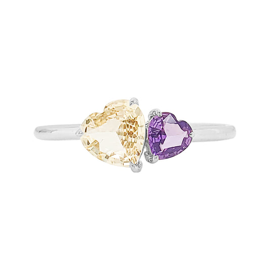 14K Gold Twin Heart Sapphire Ring – Purple & Yellow Gemstones, Promise Ring for Women