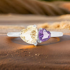 14K Gold Twin Heart Sapphire Ring – Purple & Yellow Gemstones, Promise Ring for Women