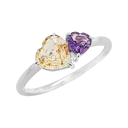 14K Gold Twin Heart Sapphire Ring – Purple & Yellow Gemstones, Promise Ring for Women