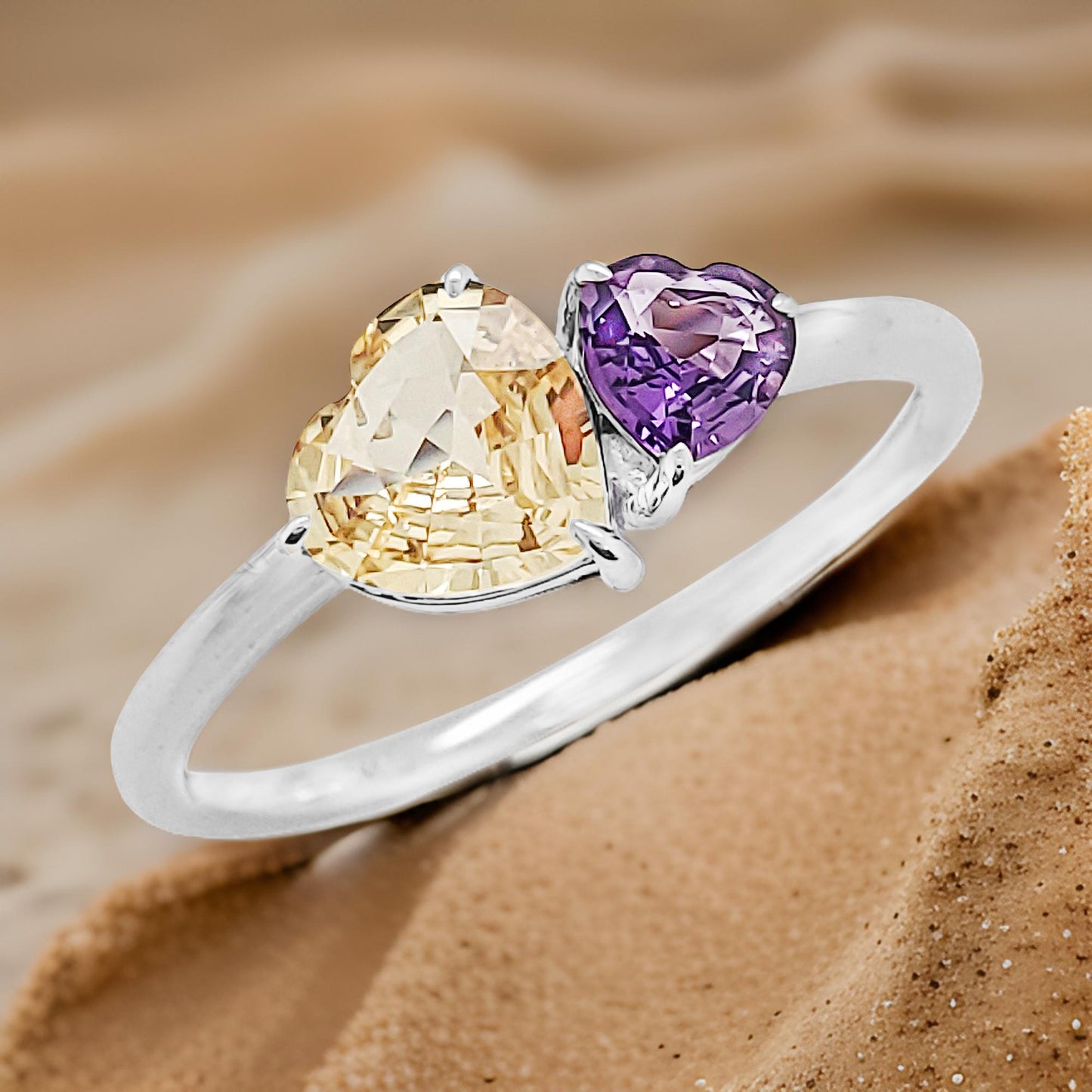 14K Gold Twin Heart Sapphire Ring – Purple & Yellow Gemstones, Promise Ring for Women