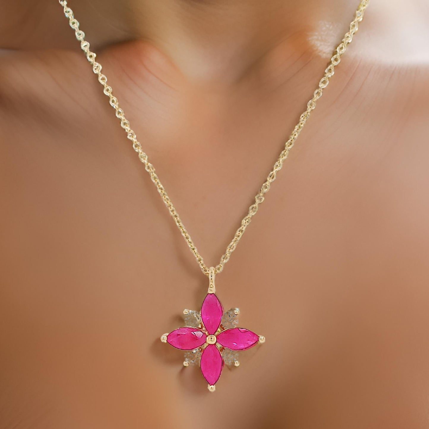 Marquise Cut Red Ruby & Diamond Pendant Necklace (9/10 CTW) in 14K Gold with 18" Chain