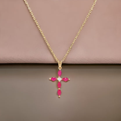 14K Gold Holy Cross Ruby & Diamond Pendant Necklace (3/5 CTW) - with 18" Chain