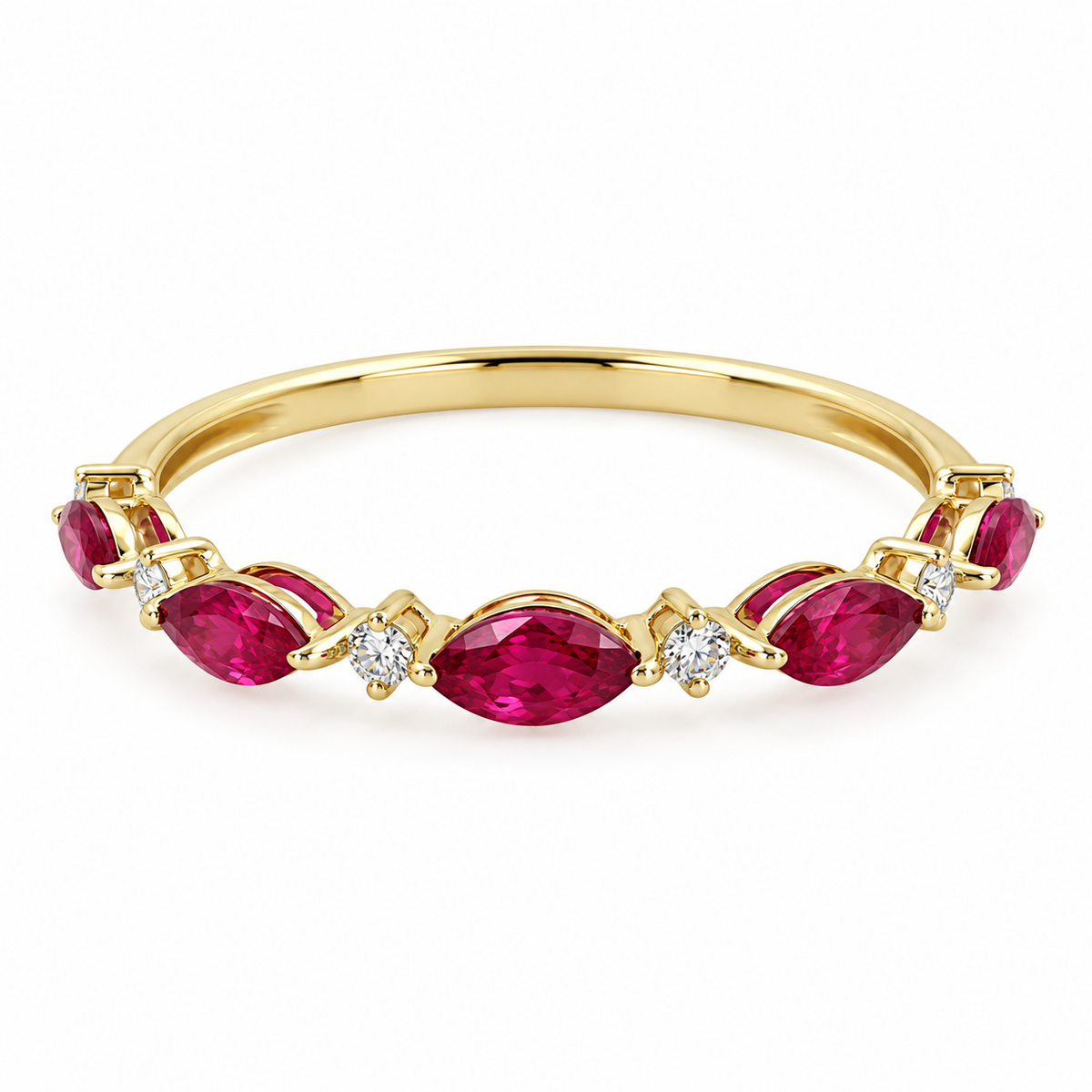 14K Yellow Gold Marquise Ruby Diamond Band Red Gemstone Wedding Ring July Birthstone Jewelry Minimalist Stackable Anniversary Gift For Her