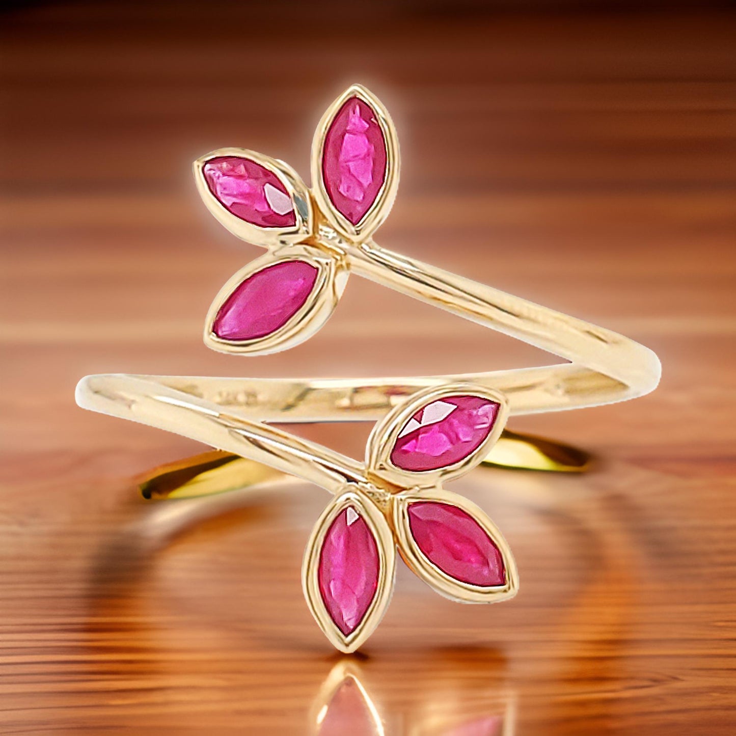 14K Gold Open Ring: Red Ruby Marquise Cut Party Jewelry