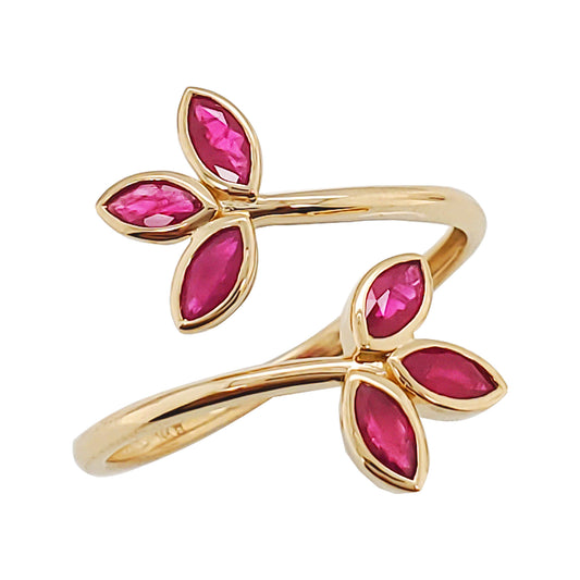14K Gold Open Ring: Red Ruby Marquise Cut Party Jewelry