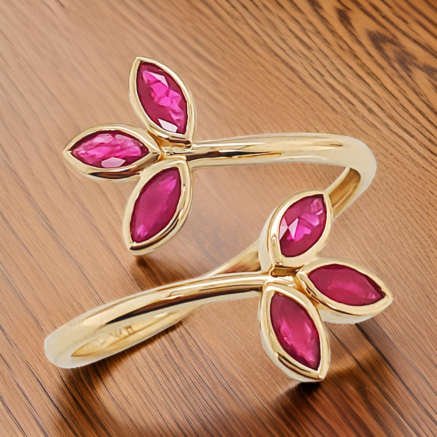 14K Gold Open Ring: Red Ruby Marquise Cut Party Jewelry