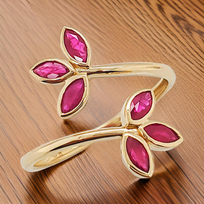 14K Gold Open Ring: Red Ruby Marquise Cut Party Jewelry