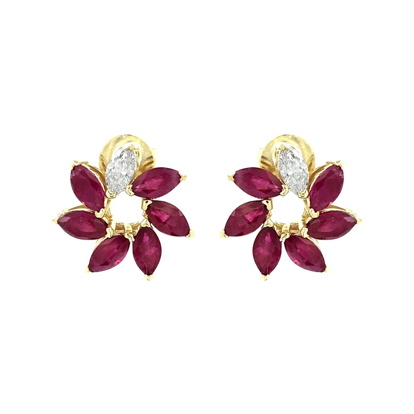 14K Yellow Gold Marquise Red Ruby Floral Earrings Natural Diamond Flower Studs July Birthstone Jewelry Dainty Petal Gemstone Unique Gift