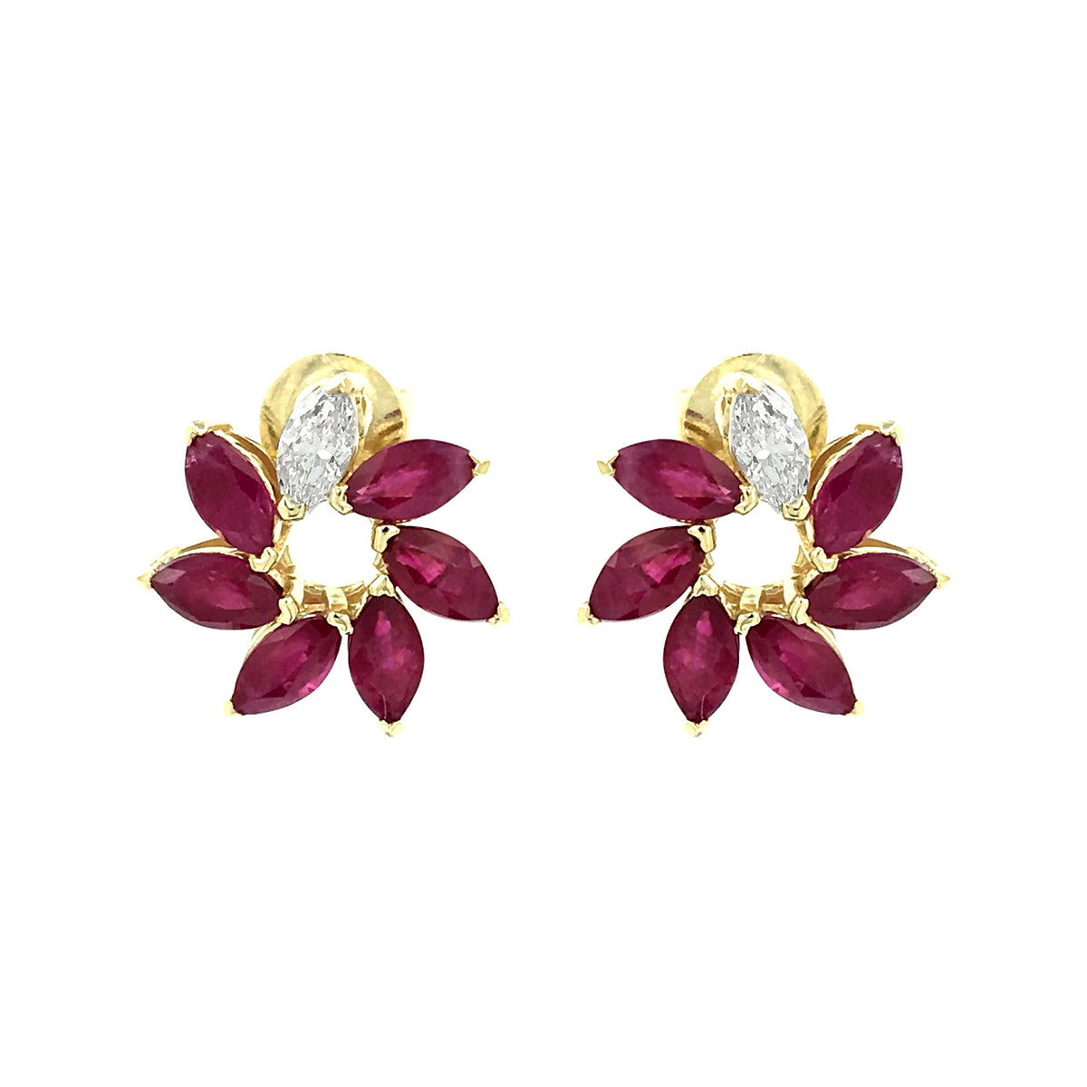 14K Yellow Gold Marquise Red Ruby Floral Earrings Natural Diamond Flower Studs July Birthstone Jewelry Dainty Petal Gemstone Unique Gift