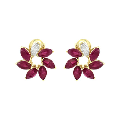 14K Yellow Gold Marquise Red Ruby Floral Earrings Natural Diamond Flower Studs July Birthstone Jewelry Dainty Petal Gemstone Unique Gift