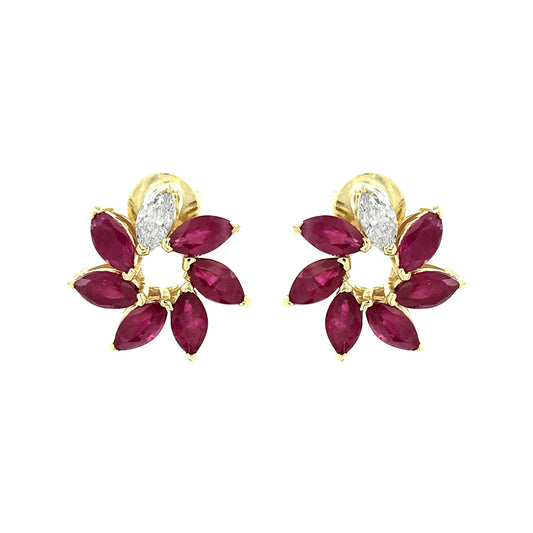 14K Yellow Gold Marquise Red Ruby Floral Earrings Natural Diamond Flower Studs July Birthstone Jewelry Dainty Petal Gemstone Unique Gift