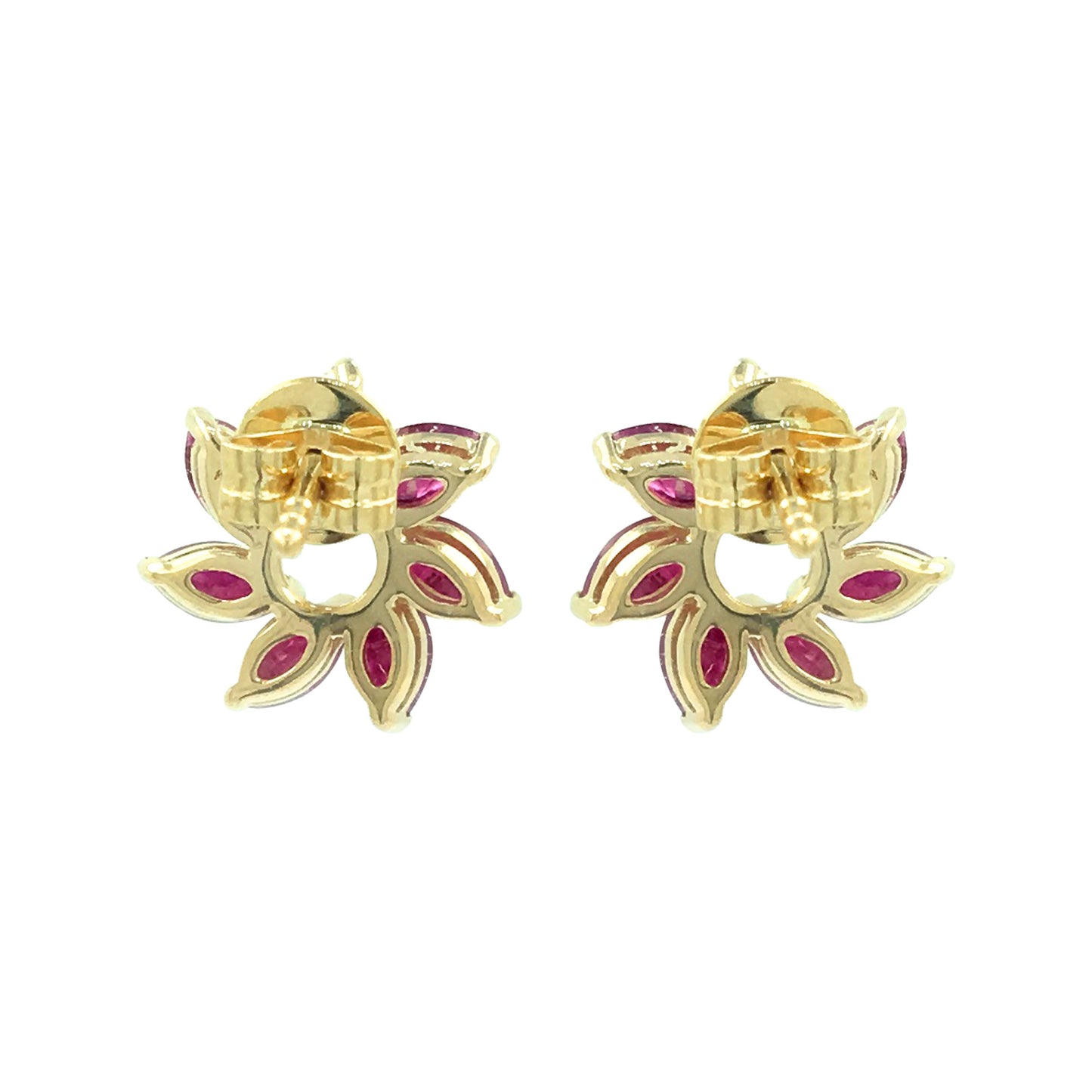 14K Yellow Gold Marquise Red Ruby Floral Earrings Natural Diamond Flower Studs July Birthstone Jewelry Dainty Petal Gemstone Unique Gift