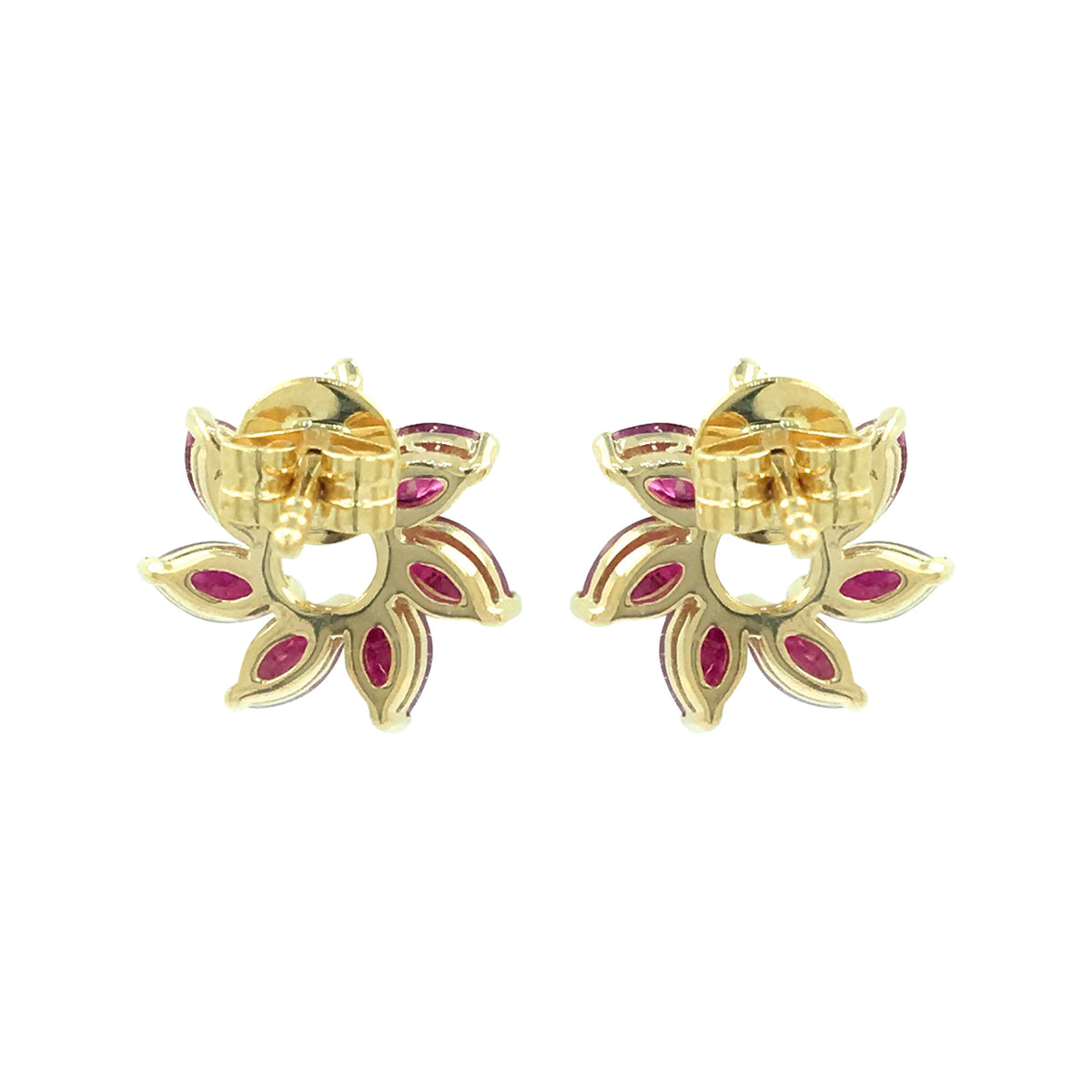 14K Yellow Gold Marquise Red Ruby Floral Earrings Natural Diamond Flower Studs July Birthstone Jewelry Dainty Petal Gemstone Unique Gift