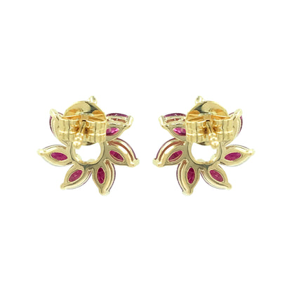 14K Yellow Gold Marquise Red Ruby Floral Earrings Natural Diamond Flower Studs July Birthstone Jewelry Dainty Petal Gemstone Unique Gift