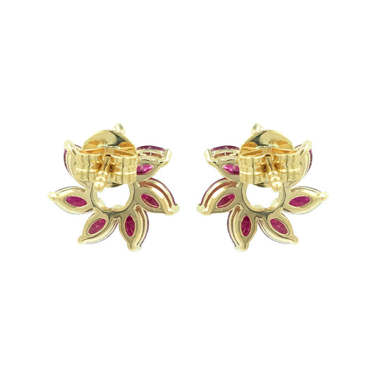 14K Yellow Gold Marquise Red Ruby Floral Earrings Natural Diamond Flower Studs July Birthstone Jewelry Dainty Petal Gemstone Unique Gift