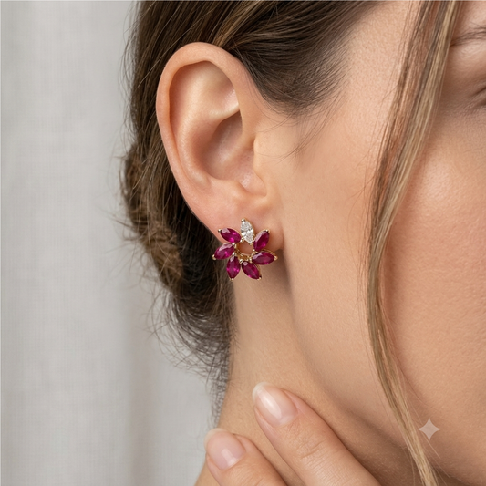 14K Yellow Gold Marquise Red Ruby Floral Earrings Natural Diamond Flower Studs July Birthstone Jewelry Dainty Petal Gemstone Unique Gift