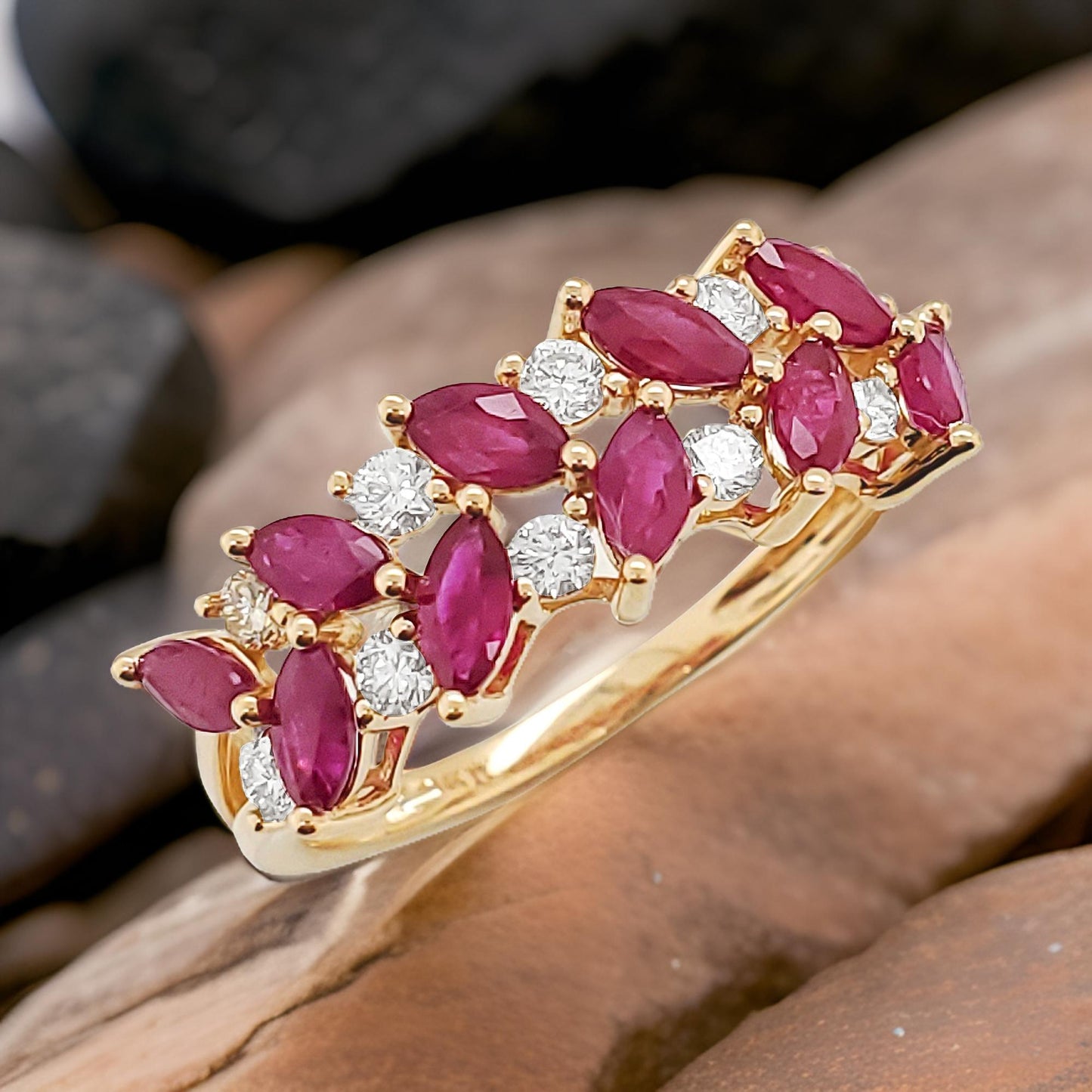14K Gold Marquise Cut Ruby and Diamond Band