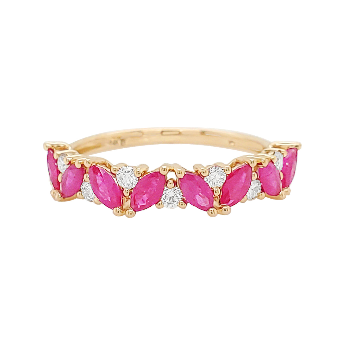 14K Gold Ruby Diamond Ring, Marquise Red Ruby Band