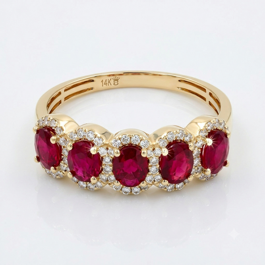 14K Yellow Gold Ruby Ring, Vintage Diamond Band, Oval Red Gemstone Anniversary Jewelry, Unique July Birthstone Gift For Women