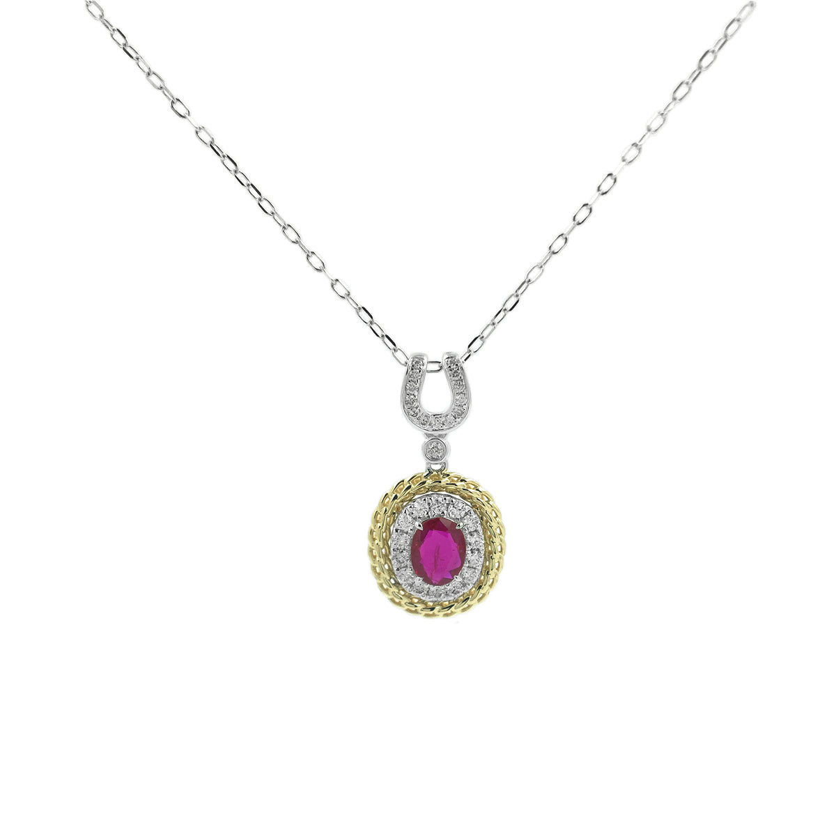 14K Yellow White Gold Ruby Diamond Pendant Necklace | Oval Halo Design, Adjustable Chain