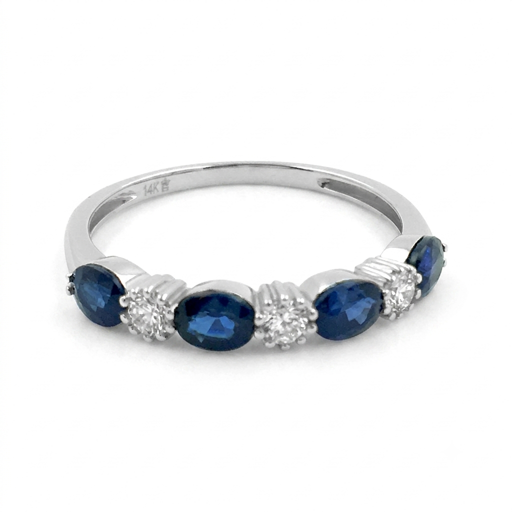 14K White Gold Oval Blue Sapphire Diamond Ring, Art Deco Bridal Band, September Birthstone