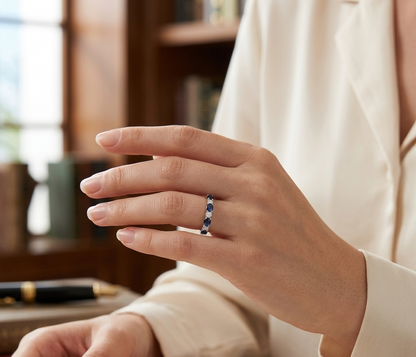 14K White Gold Oval Blue Sapphire Diamond Ring, Art Deco Bridal Band, September Birthstone