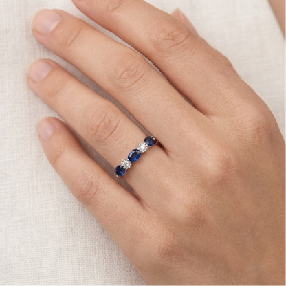 14K White Gold Oval Blue Sapphire Diamond Ring, Art Deco Bridal Band, September Birthstone
