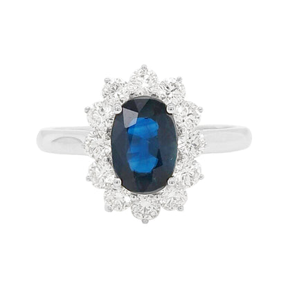 Oval Blue Sapphire & Diamond Ring: 18K White Gold, SI/GH Diamonds
