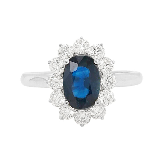 Oval Blue Sapphire & Diamond Ring: 18K White Gold, SI/GH Diamonds