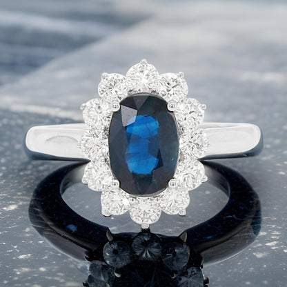 Oval Blue Sapphire & Diamond Ring: 18K White Gold, SI/GH Diamonds