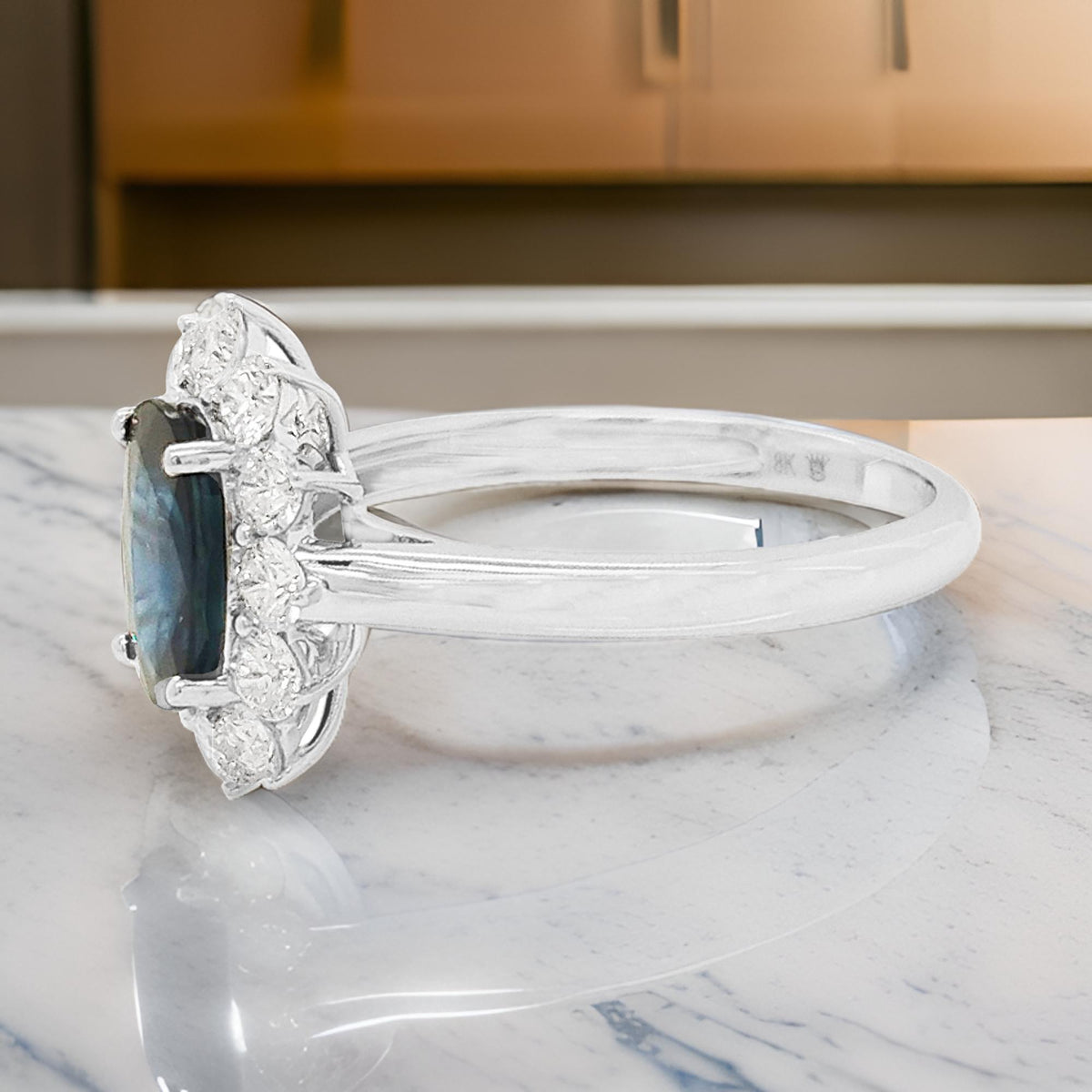 Oval Blue Sapphire & Diamond Ring: 18K White Gold, SI/GH Diamonds