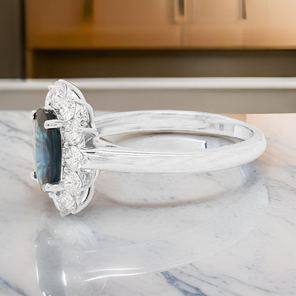 Oval Blue Sapphire & Diamond Ring: 18K White Gold, SI/GH Diamonds