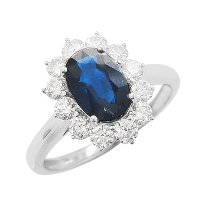Oval Blue Sapphire & Diamond Ring: 18K White Gold, SI/GH Diamonds